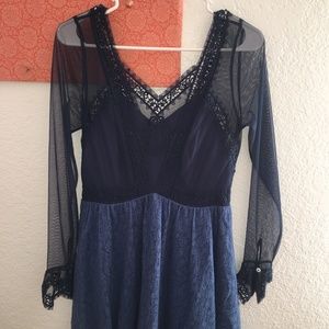Blue A-line Long Sleeve Lace Mini Dress